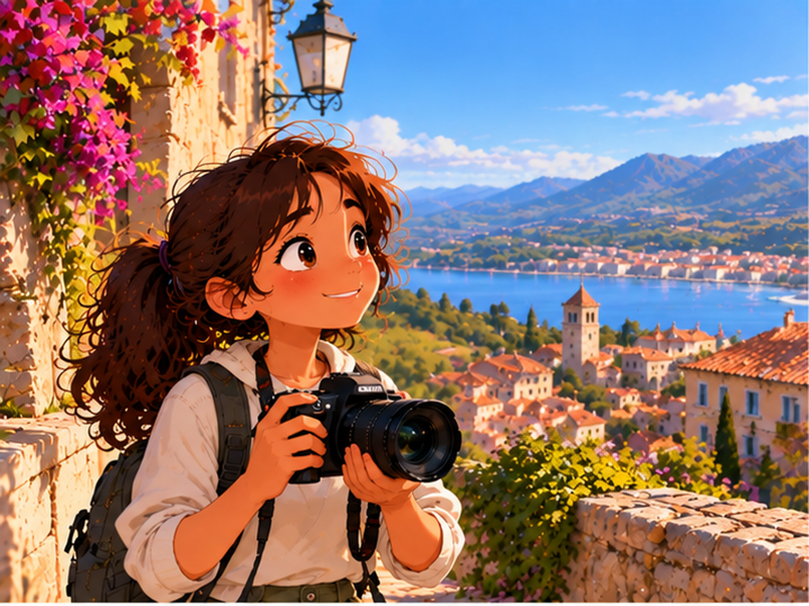 Une jeune photographie une ville et son lac