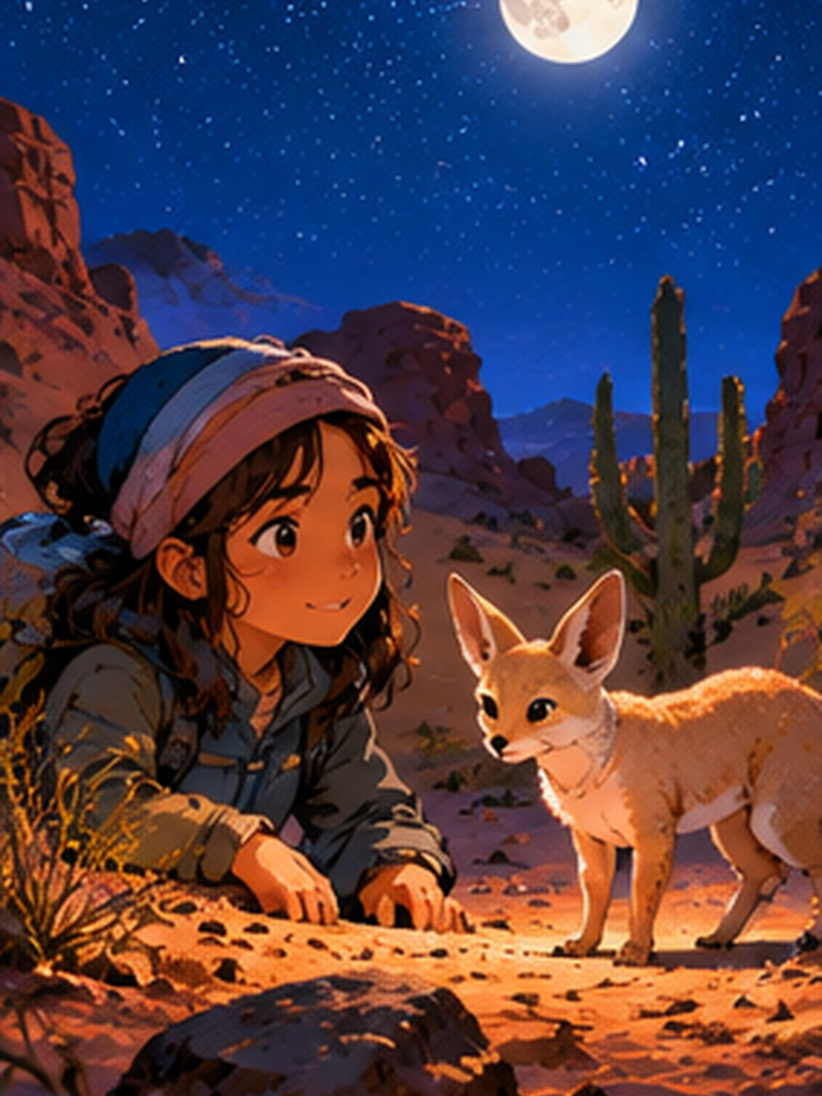 Une jeune découvre un fennec dans le désert sous la lune.