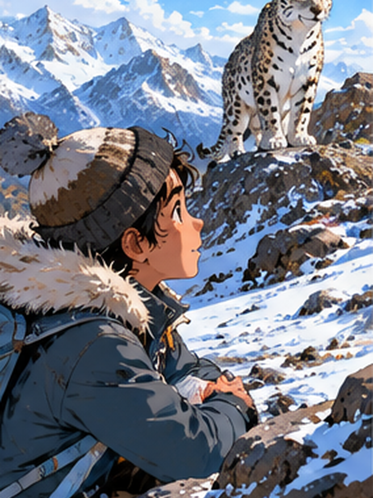 Un jeune observe une panthère des neiges en montagne.