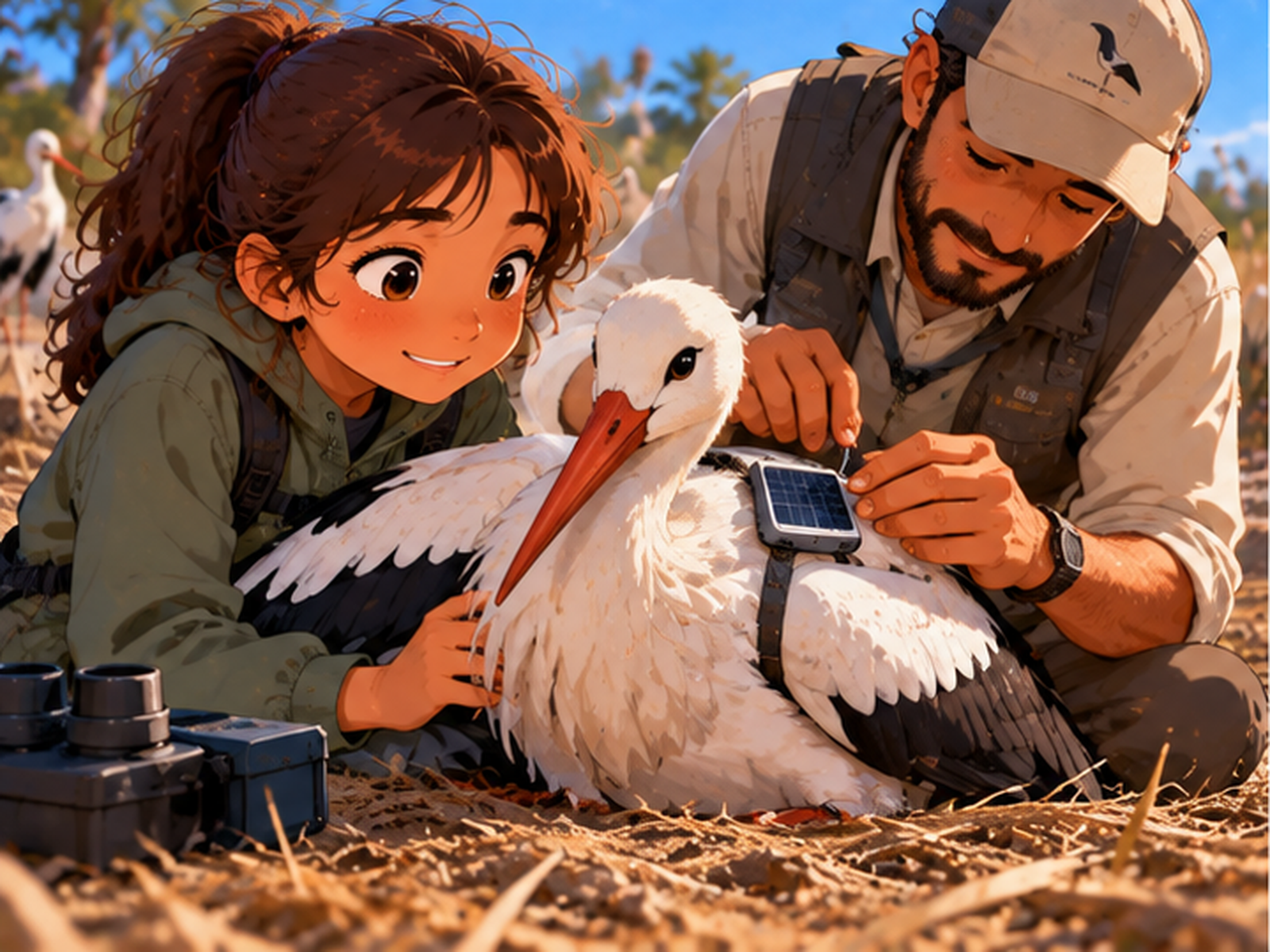 Une jeune découvre le suivi d’une cigogne avec un adulte
